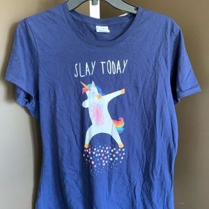 Navy blue unicorn graphic tee for kids or adults